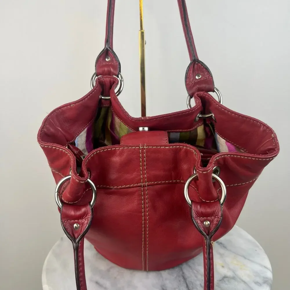 Vintage Tignanello Genuine Red Leather Stitched Silver Accents Shoulder Purse